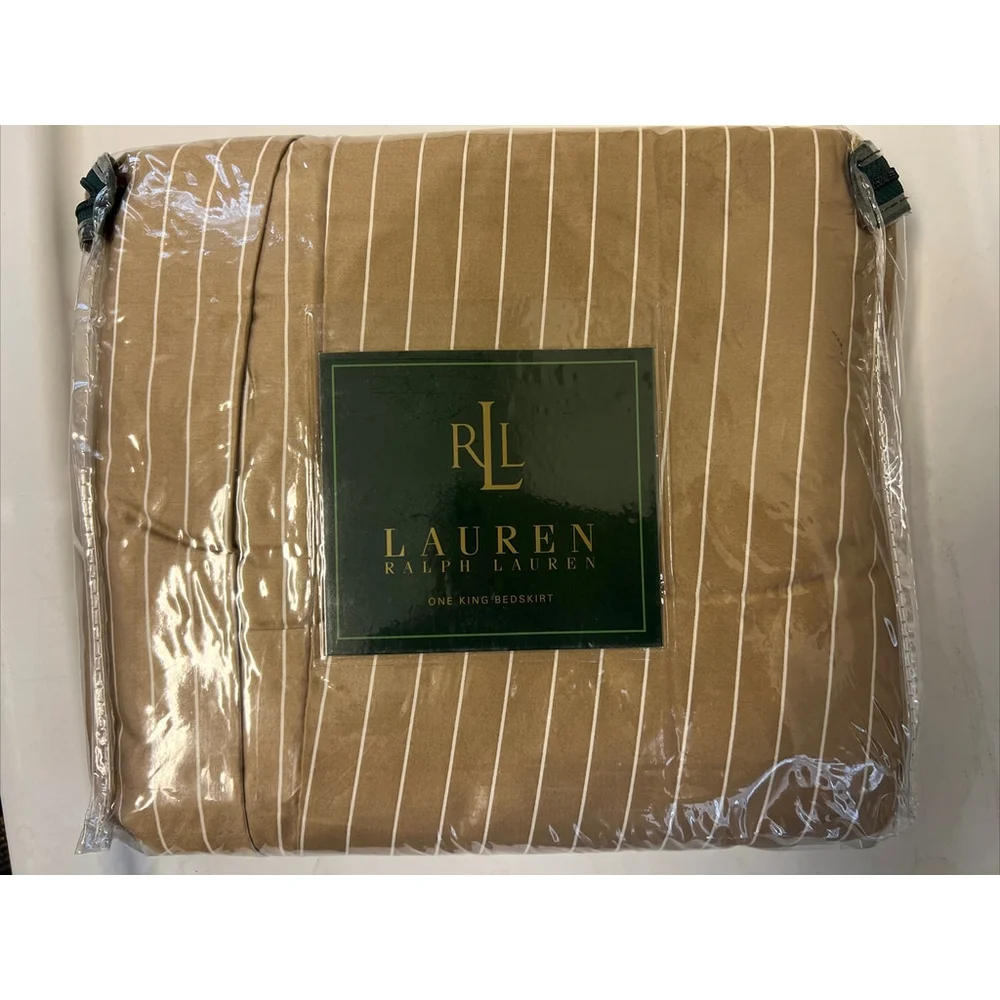 RALPH LAUREN 52ND STREET CARAMEL CAMEL PINSTRIPE SATEEN KING BED SKIRT Vintage